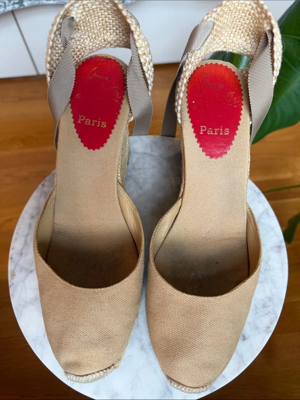 Christian Louboutin Natural Beige Canvas Espadrille Wedge Sandals